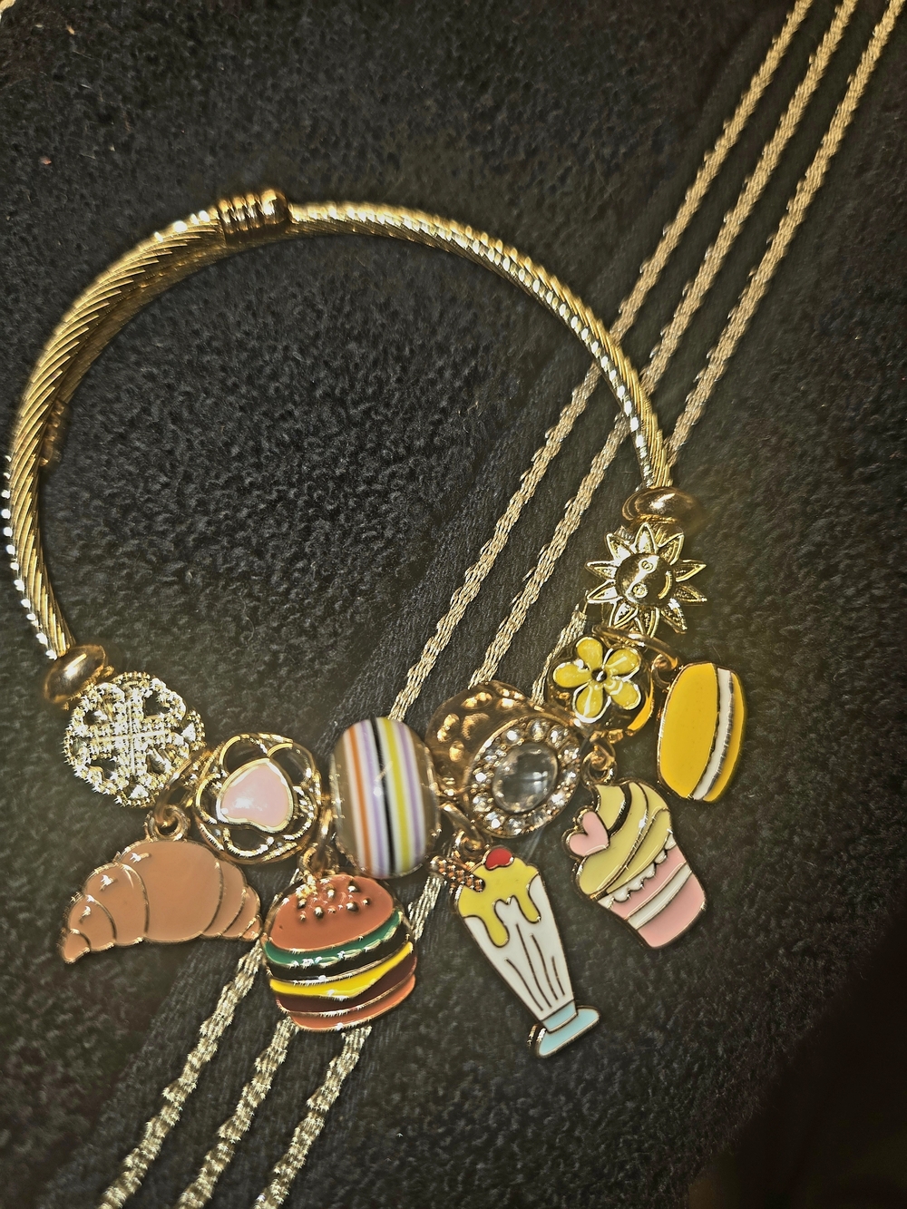 Gold Charm Bangle Bracelet with Multicolor Burger & Shake Charms